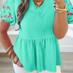 Mint Green Frilled V Neck Flower Embroidered Puff Sleeve Textured Blouse