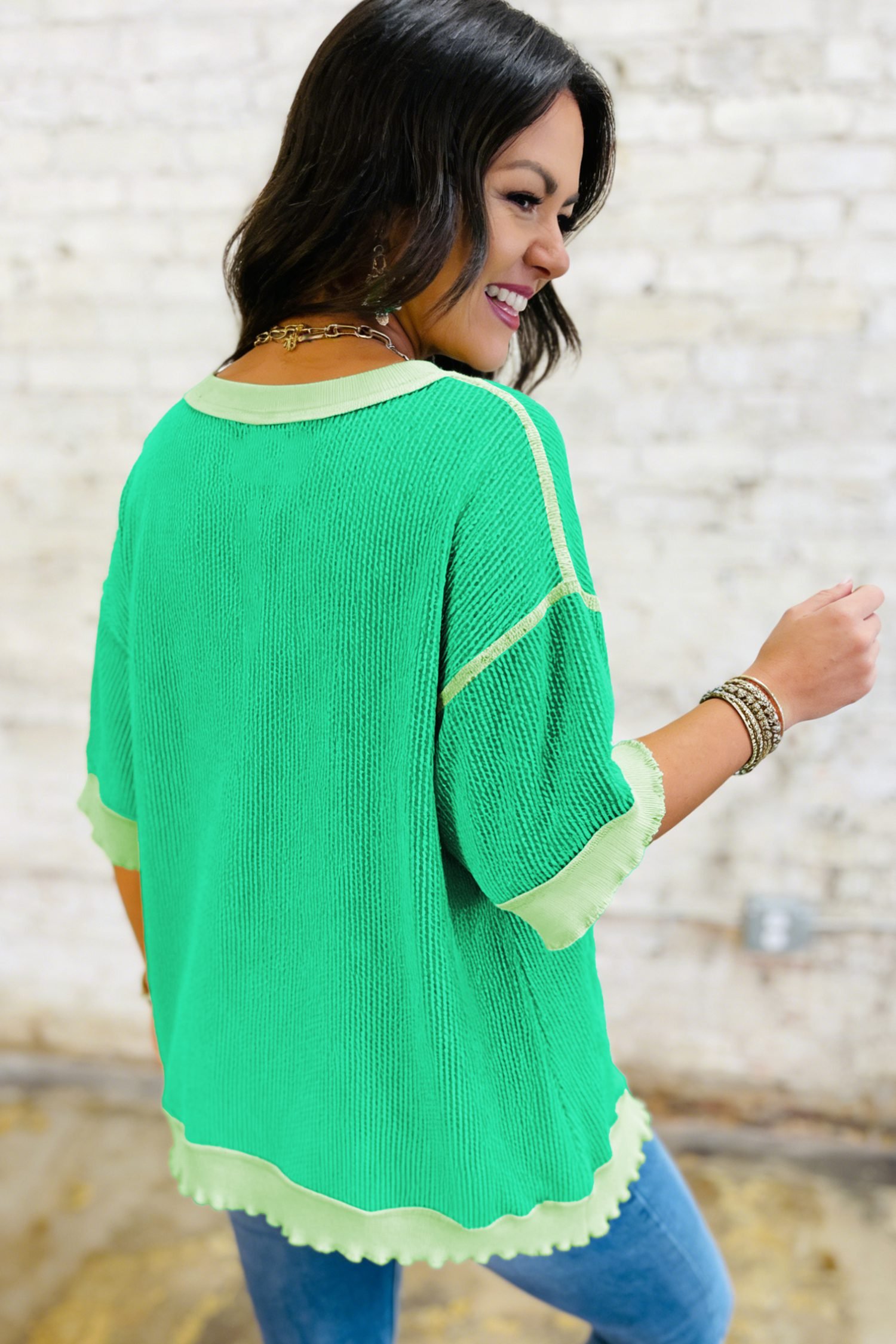 Mint Green Loose Uneven Hem Twist Ribbed T Shirt