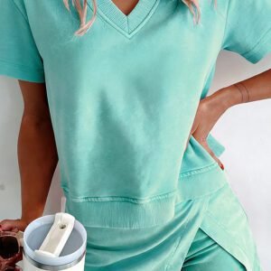 Mint Green Mineral Wash V Neck Tee Matching Skort Set