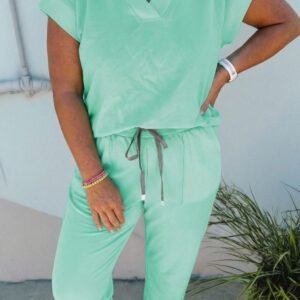 Mint Green Solid V-Neck Tee and Drawstring Plus Size Pants Set