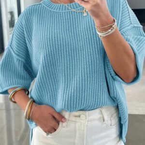 Mist Blue Exposed Seam Detail Half Sleeve Loose Sweater
