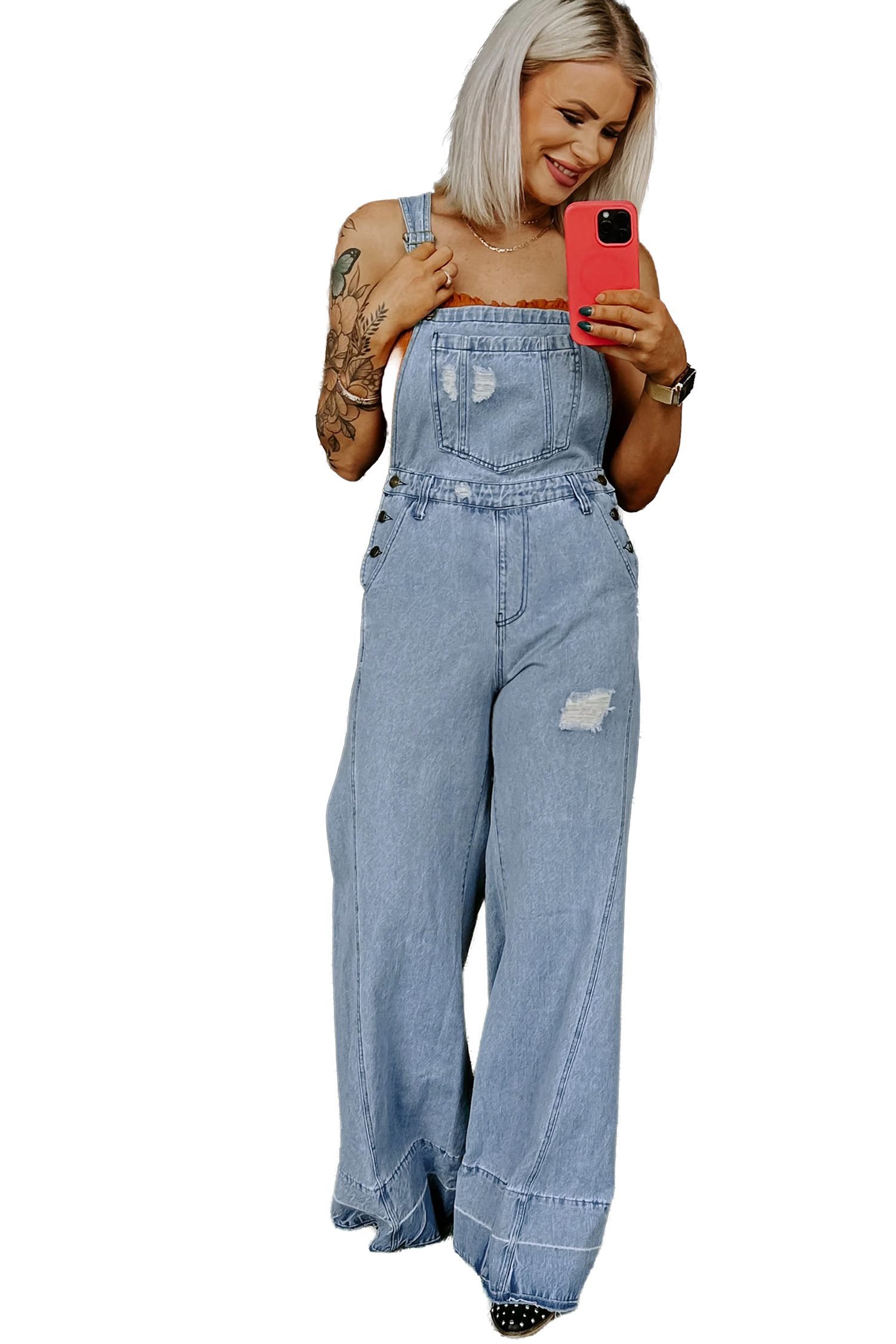 Mist Blue Retro Distressed Button Adjustable Straps Denim Overall Jumpsuit