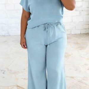 Mist Blue Solid Color Ribbed Trim Short Sleeve Top Drawstring Loose Pants 2pcs Outfit