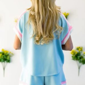 Mist Blue Striped Trim Casual Tee Drawstring Shorts 2pcs Set