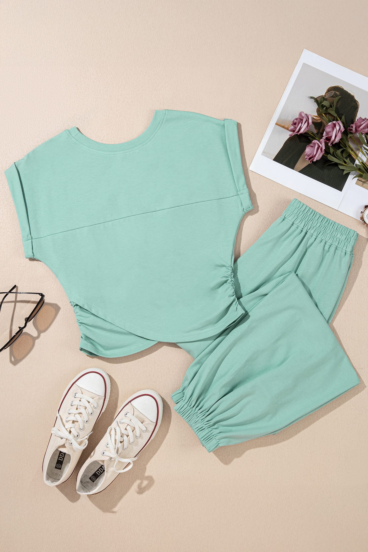 Moonlight Jade Solid Color Cropped Tank Top and Jogger Pants Set