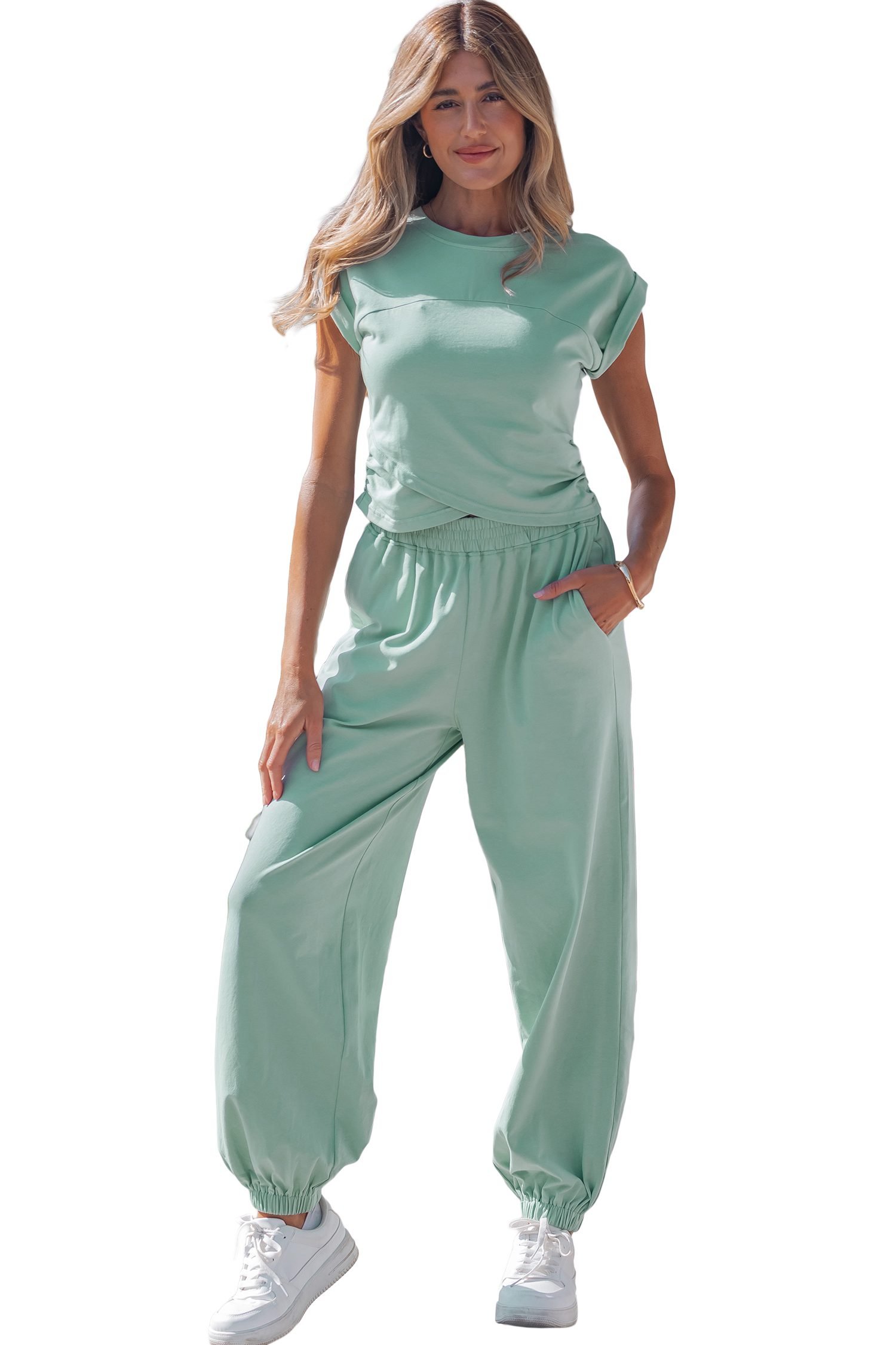 Moonlight Jade Solid Color Cropped Tank Top and Jogger Pants Set