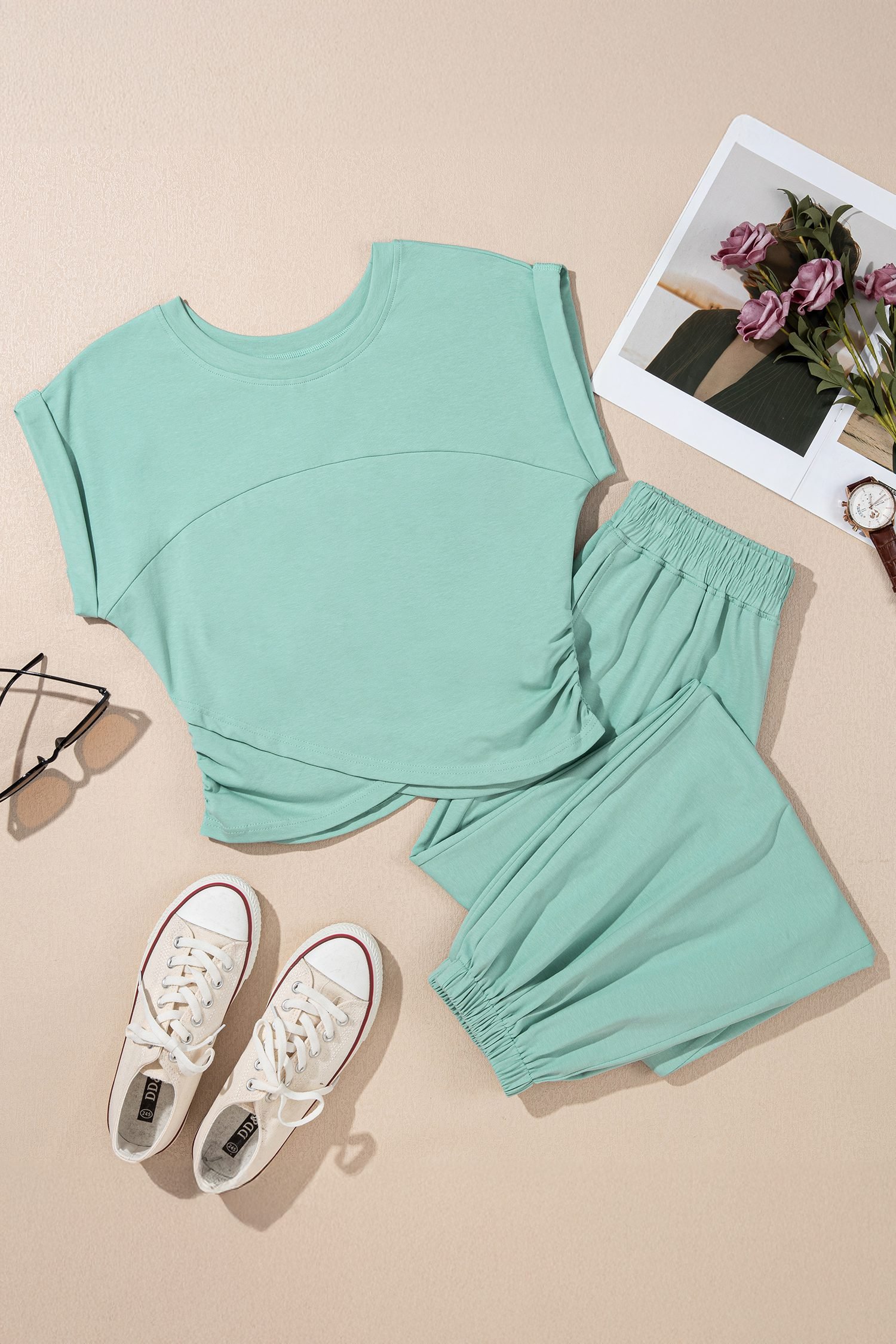 Moonlight Jade Solid Color Cropped Tank Top and Jogger Pants Set