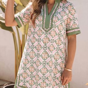 Multicolour Boho Geometric Flower Print Short Sleeve Loose Mini Dress