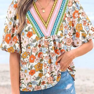 Multicolour Crochet V Neckline Puff Sleeve Boho Flower Blouse