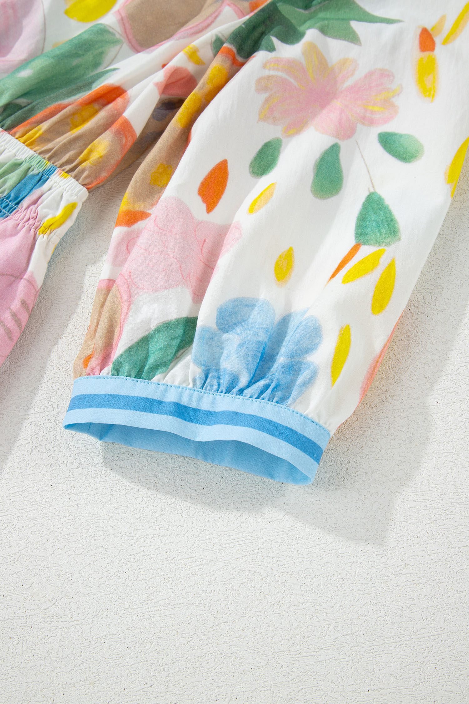 Multicolour Floral Doodle Print Striped Trim V Neck Midi Dress