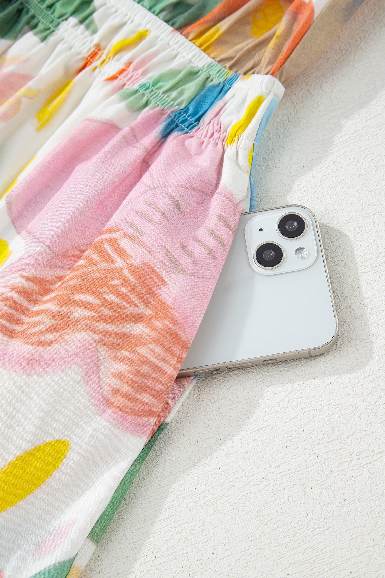 Multicolour Floral Doodle Print Striped Trim V Neck Midi Dress