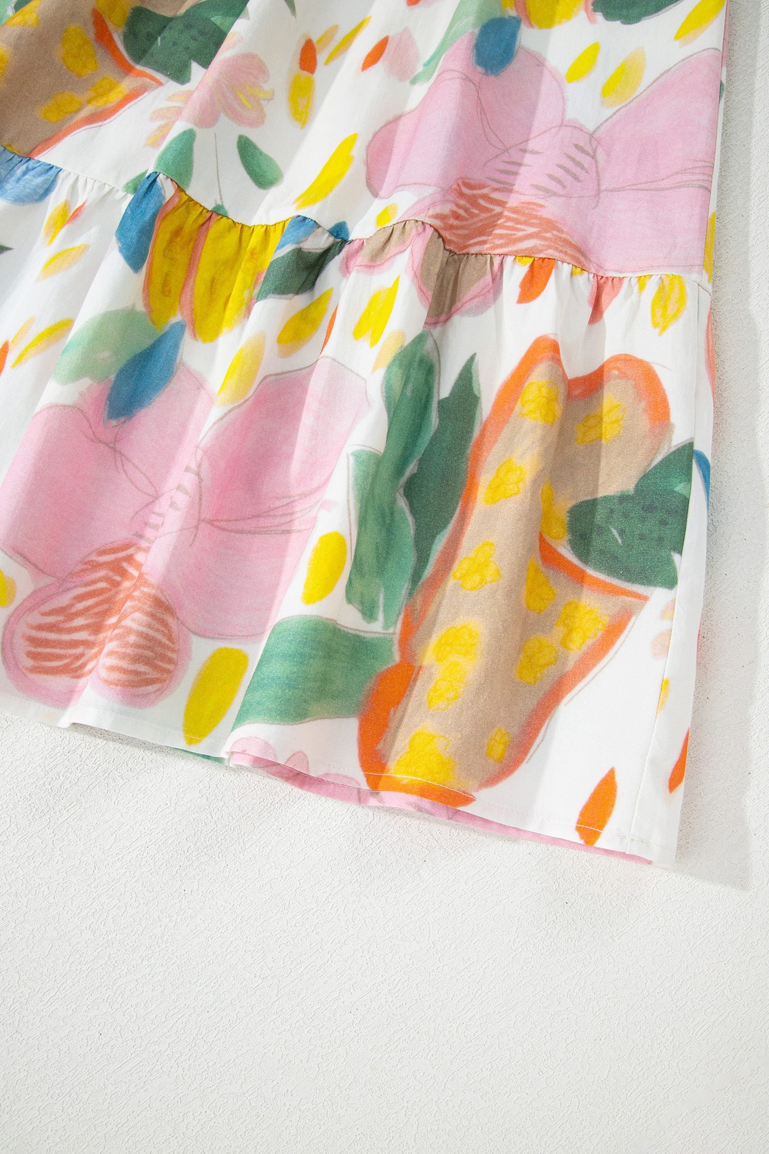 Multicolour Floral Doodle Print Striped Trim V Neck Midi Dress