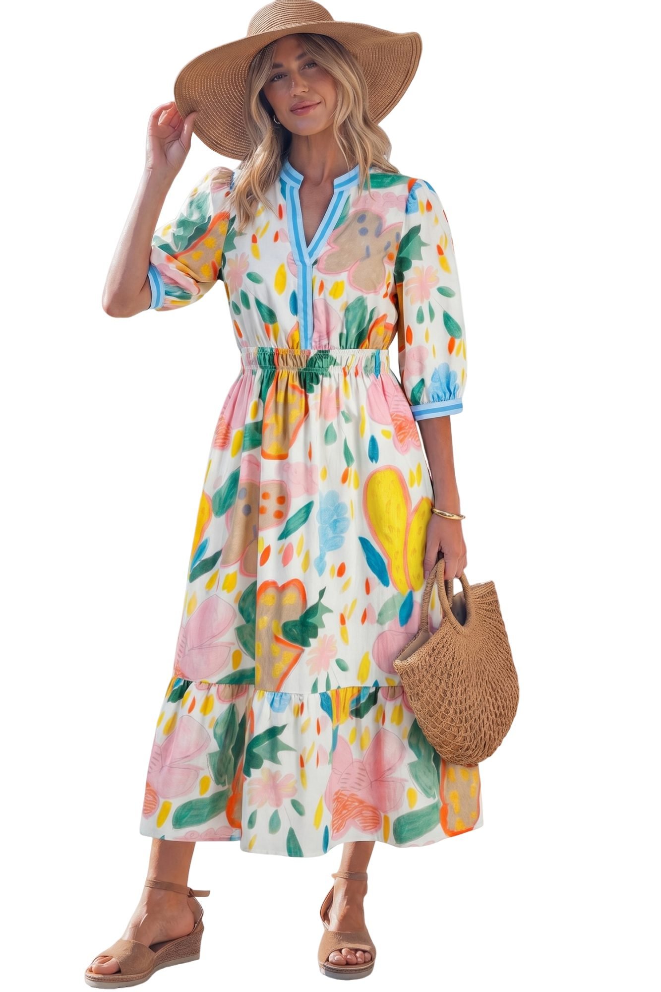 Multicolour Floral Doodle Print Striped Trim V Neck Midi Dress