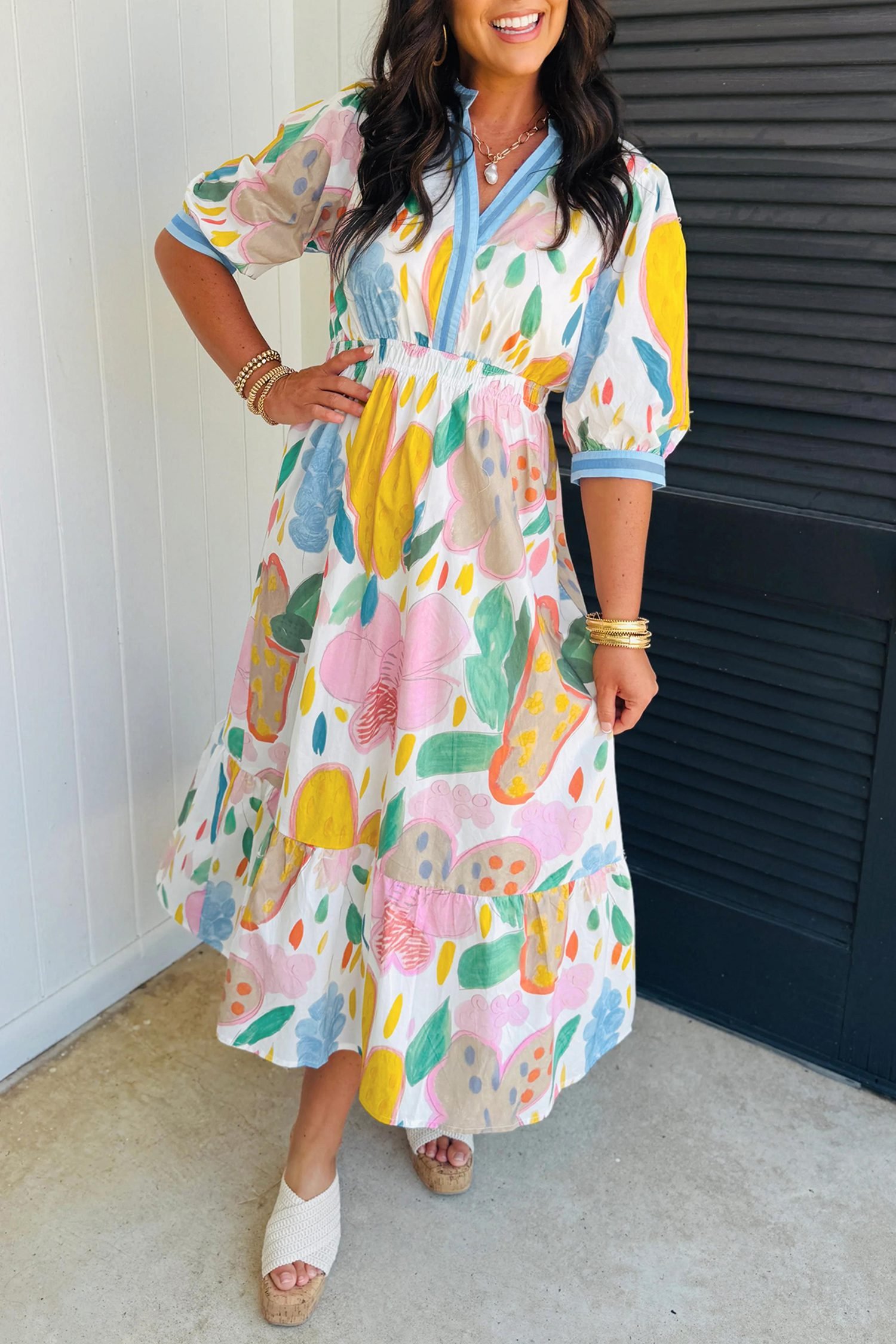 Multicolour Floral Doodle Print Striped Trim V Neck Midi Dress