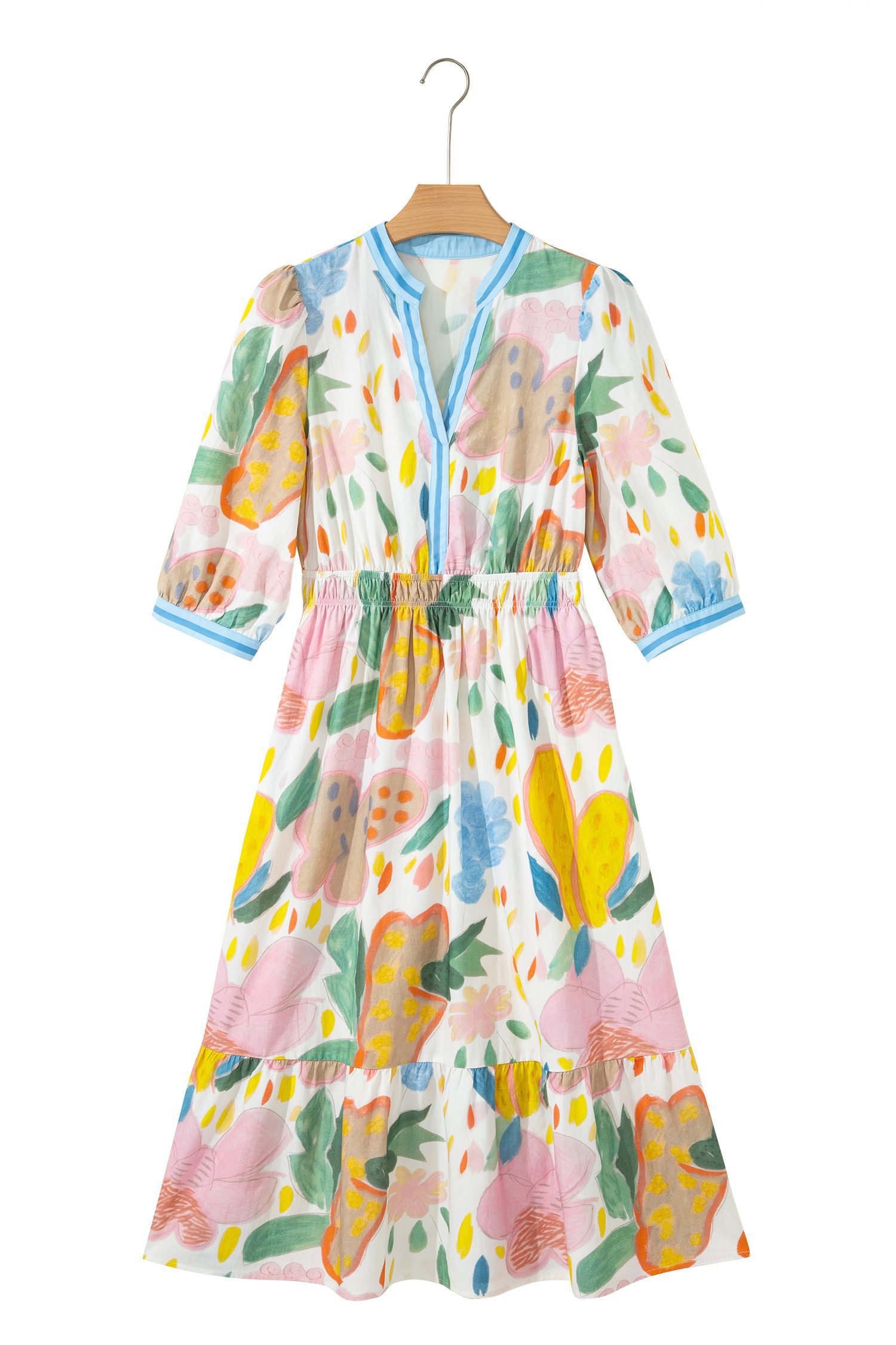 Multicolour Floral Doodle Print Striped Trim V Neck Midi Dress