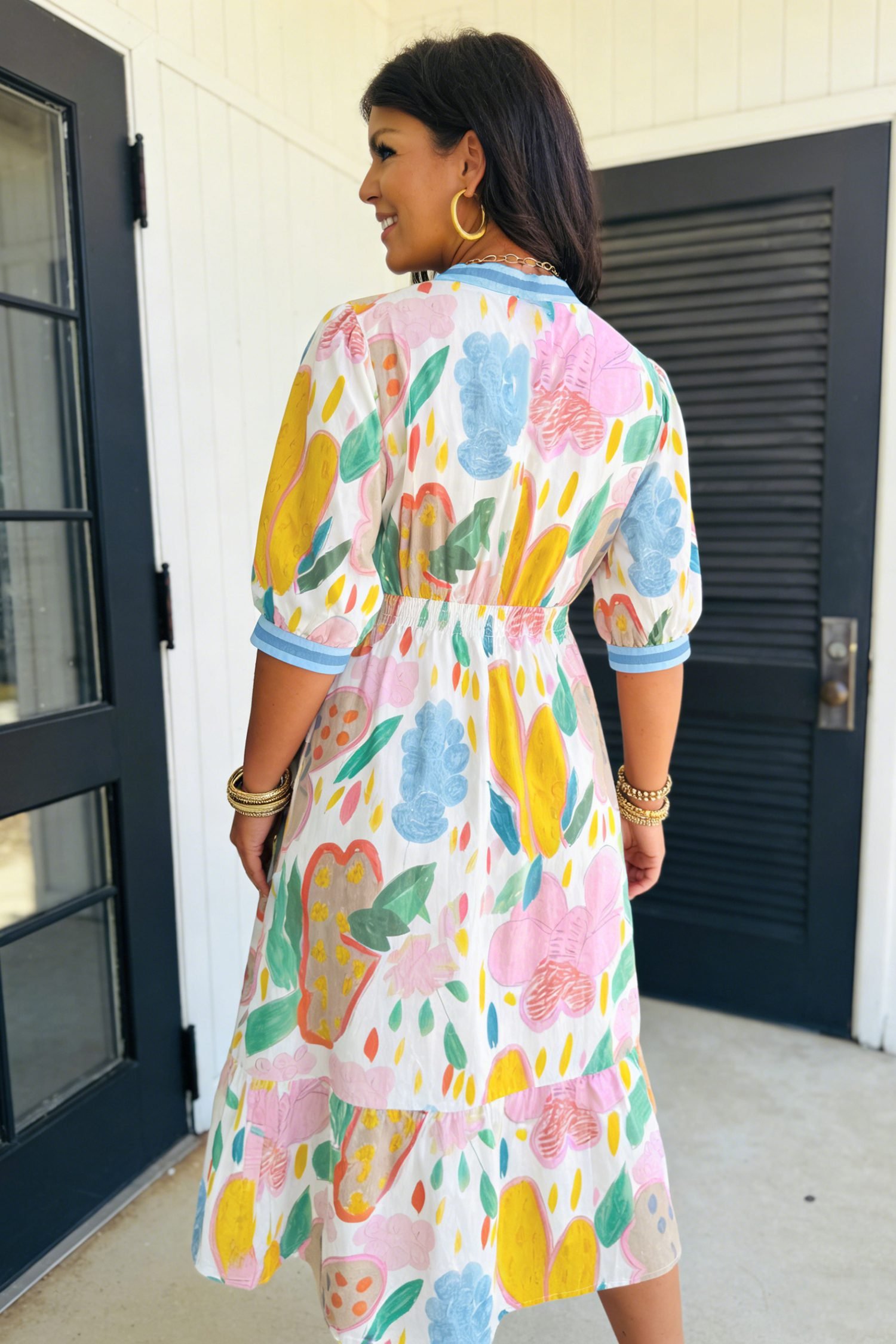 Multicolour Floral Doodle Print Striped Trim V Neck Midi Dress