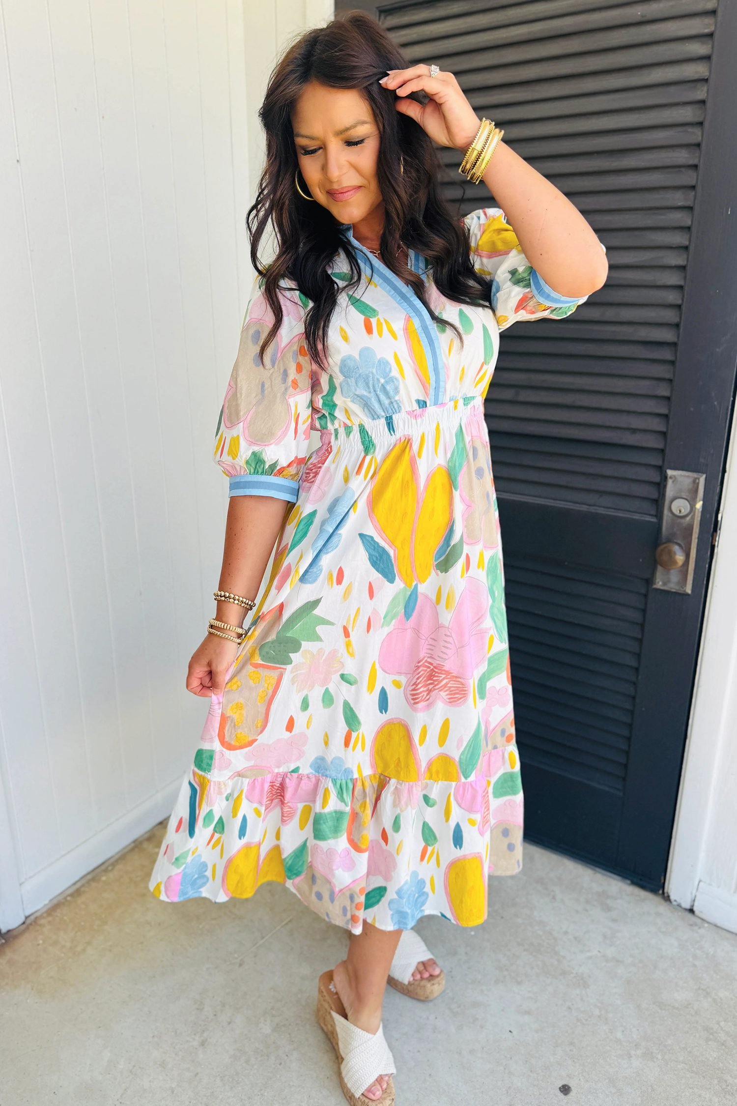 Multicolour Floral Doodle Print Striped Trim V Neck Midi Dress