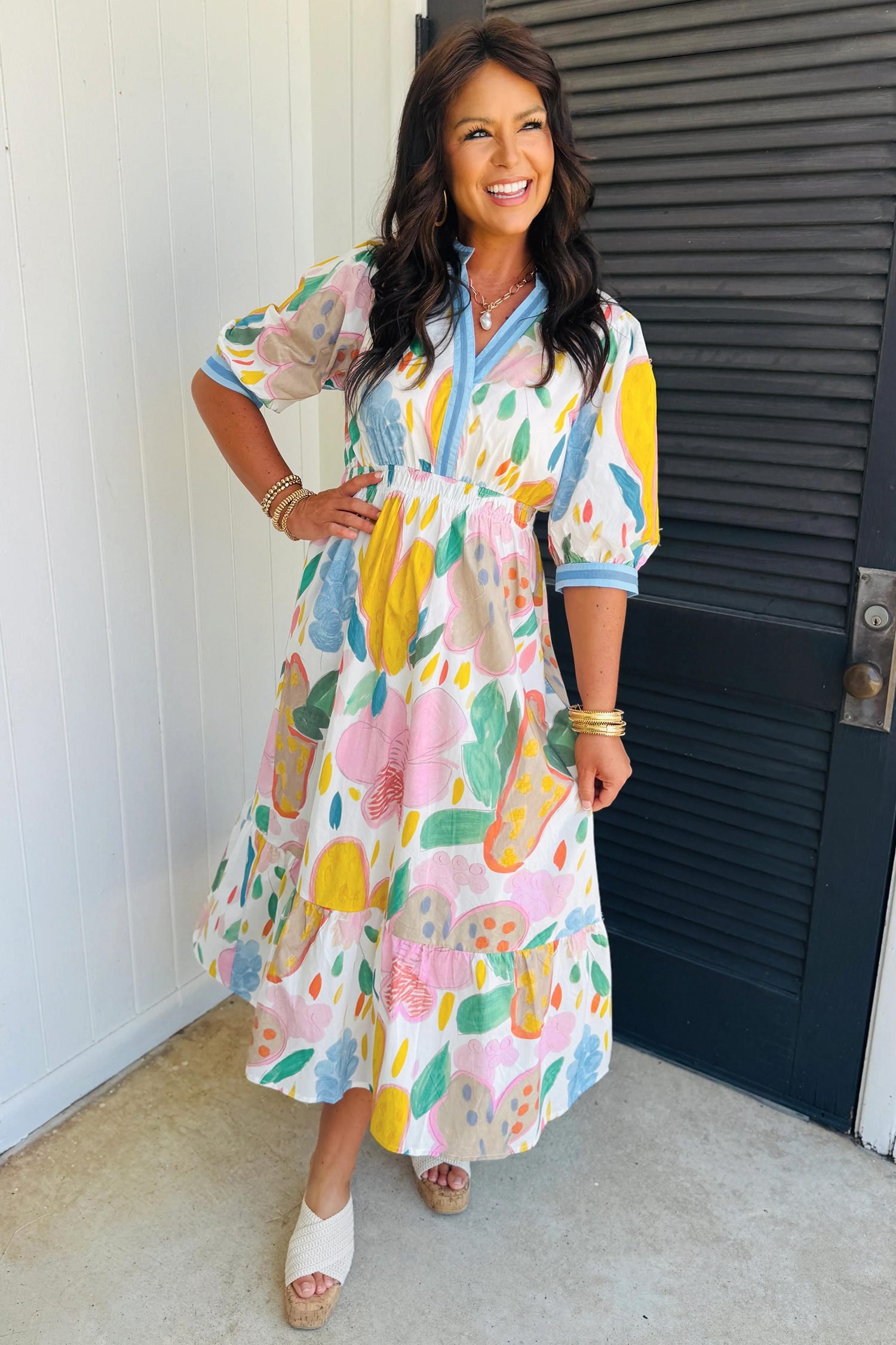 Multicolour Floral Doodle Print Striped Trim V Neck Midi Dress