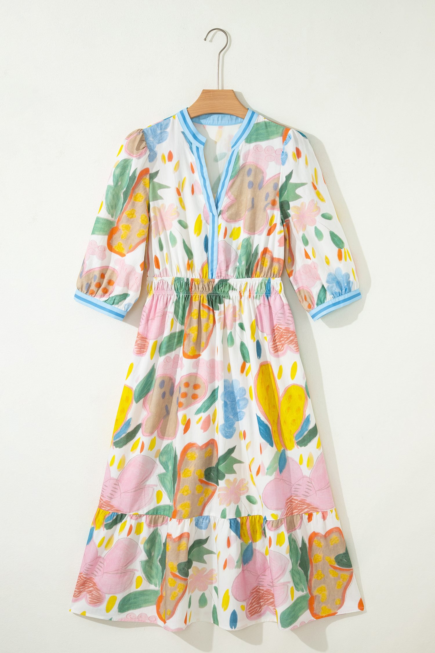 Multicolour Floral Doodle Print Striped Trim V Neck Midi Dress