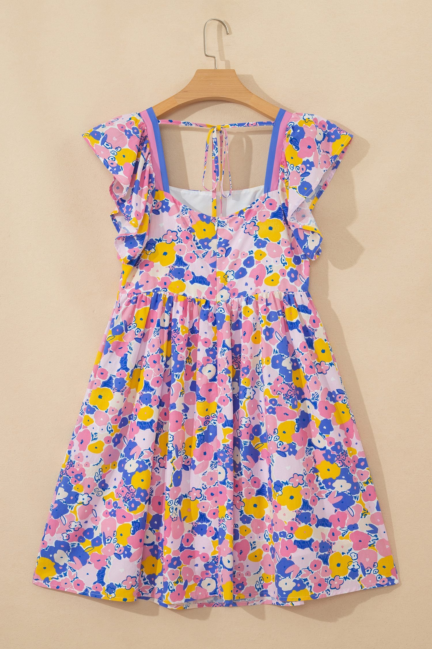 Multicolour Floral Print Flutter Sleeve Striped Trim Square Neck Loose Mini Dress