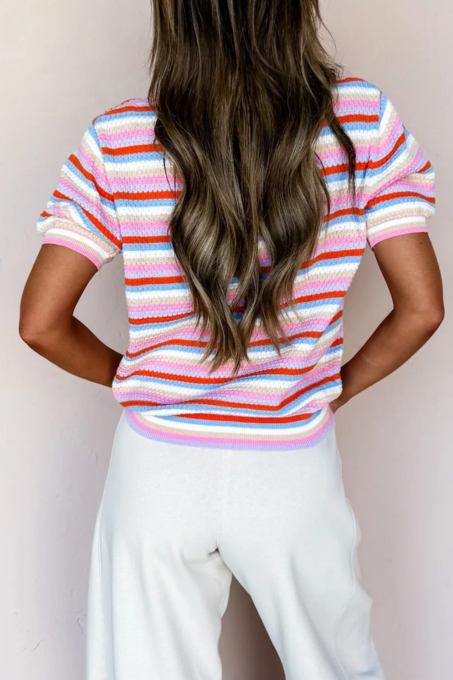 Multicolour Textured Stripes Knit Short Sleeve Sweater