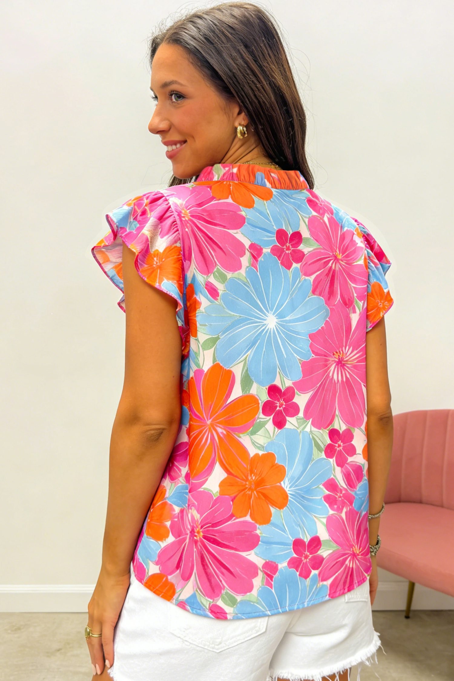 Multicolour Vibrant Flower Printed Tie V Neck Ruffle Trim Sleeveless Blouse