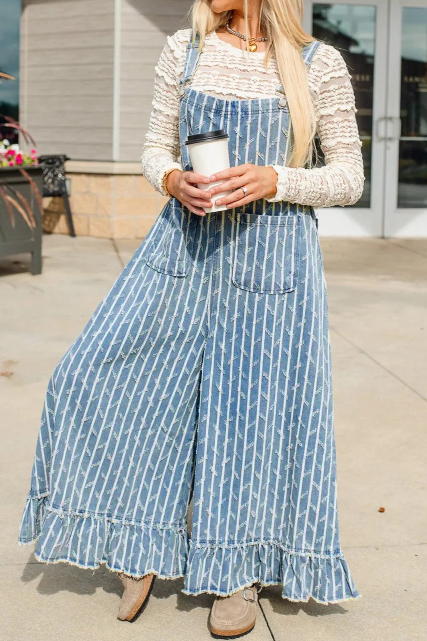 Myosotis Striped Distressed Ruffled Wide Leg Denim Overalls