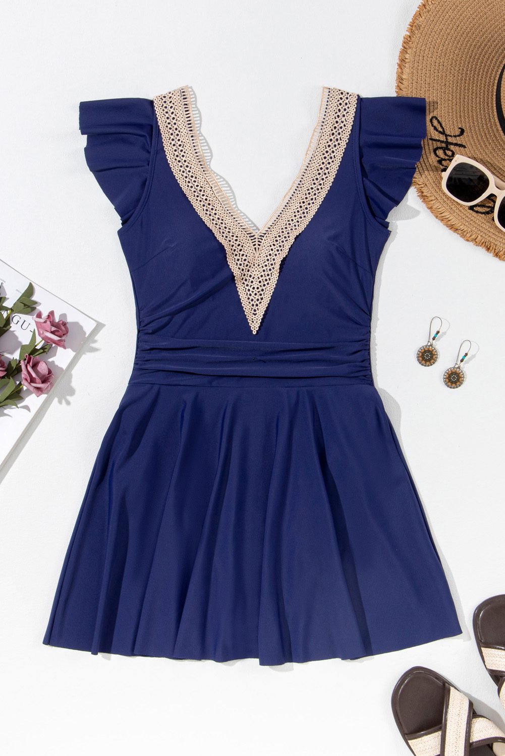 Navy Blue Ruffled Short Sleeve Lace Trim V Neck One Piece Swim Dress
