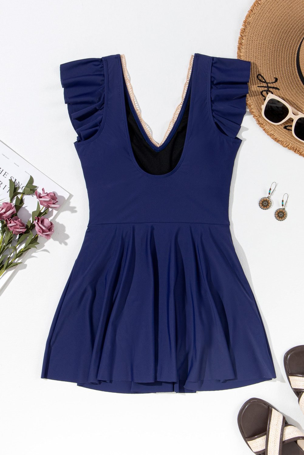 Navy Blue Ruffled Short Sleeve Lace Trim V Neck One Piece Swim Dress