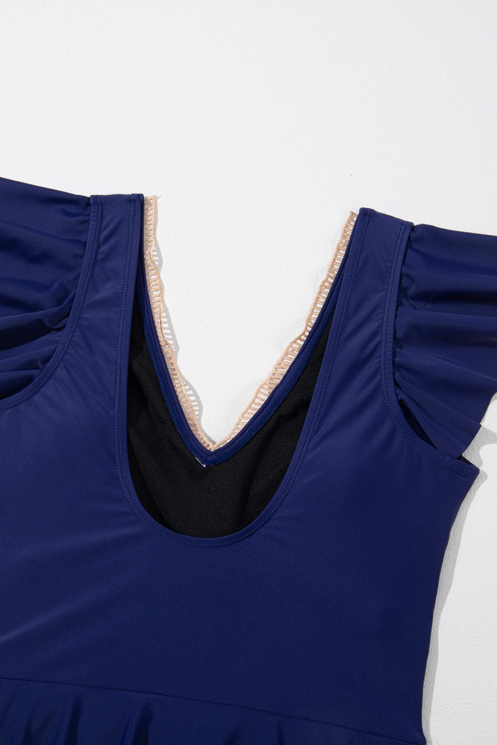 Navy Blue Ruffled Short Sleeve Lace Trim V Neck One Piece Swim Dress