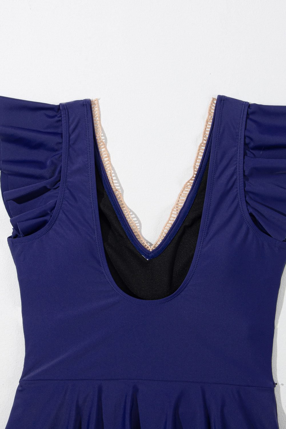 Navy Blue Ruffled Short Sleeve Lace Trim V Neck One Piece Swim Dress