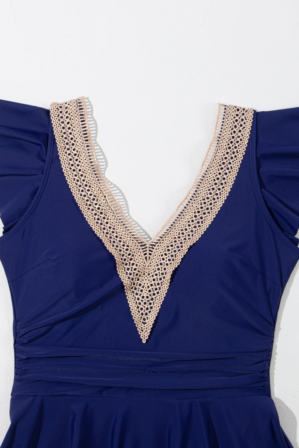 Navy Blue Ruffled Short Sleeve Lace Trim V Neck One Piece Swim Dress