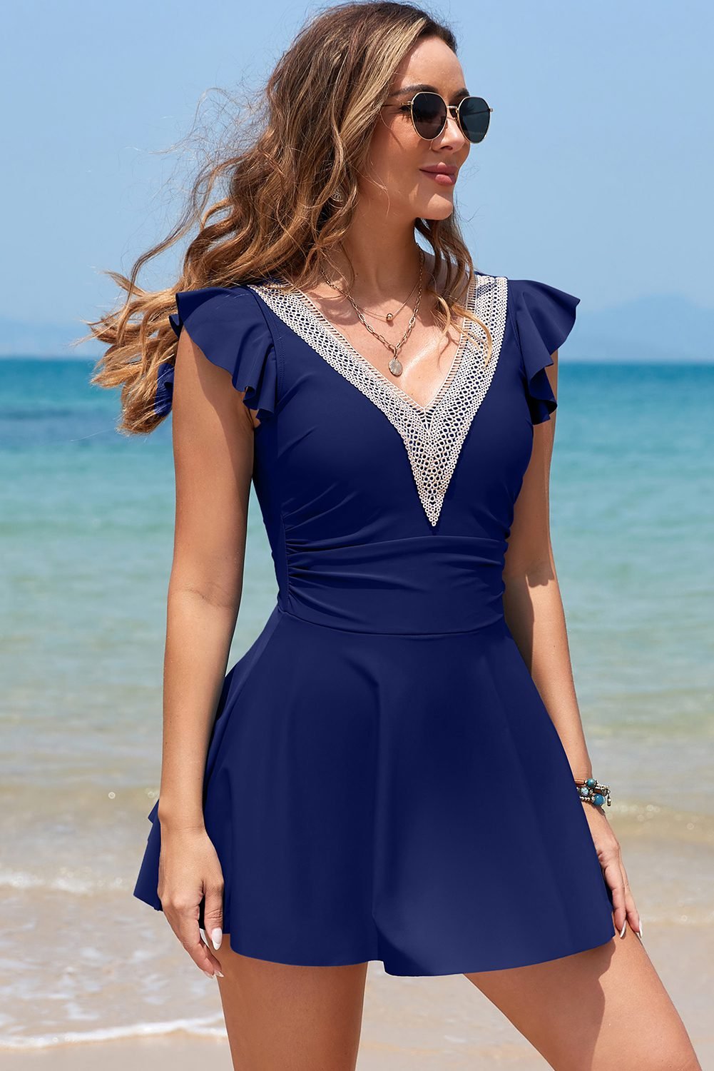 Navy Blue Ruffled Short Sleeve Lace Trim V Neck One Piece Swim Dress