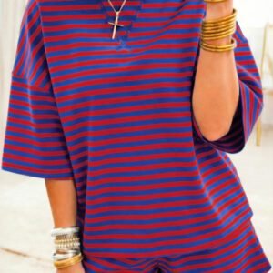 Navy Stripe Striped Ribbed Cotton Two-Piece Short Set with Chest Patch Detail