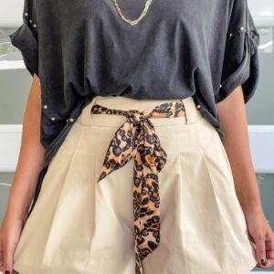 Oatmeal Leopard Contrast Sash Belt Pleated Wide Leg Shorts