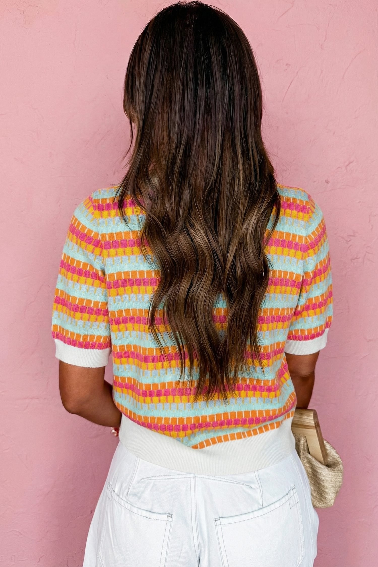 Orange Abstract Striped Knit Short Sleeve Sweater