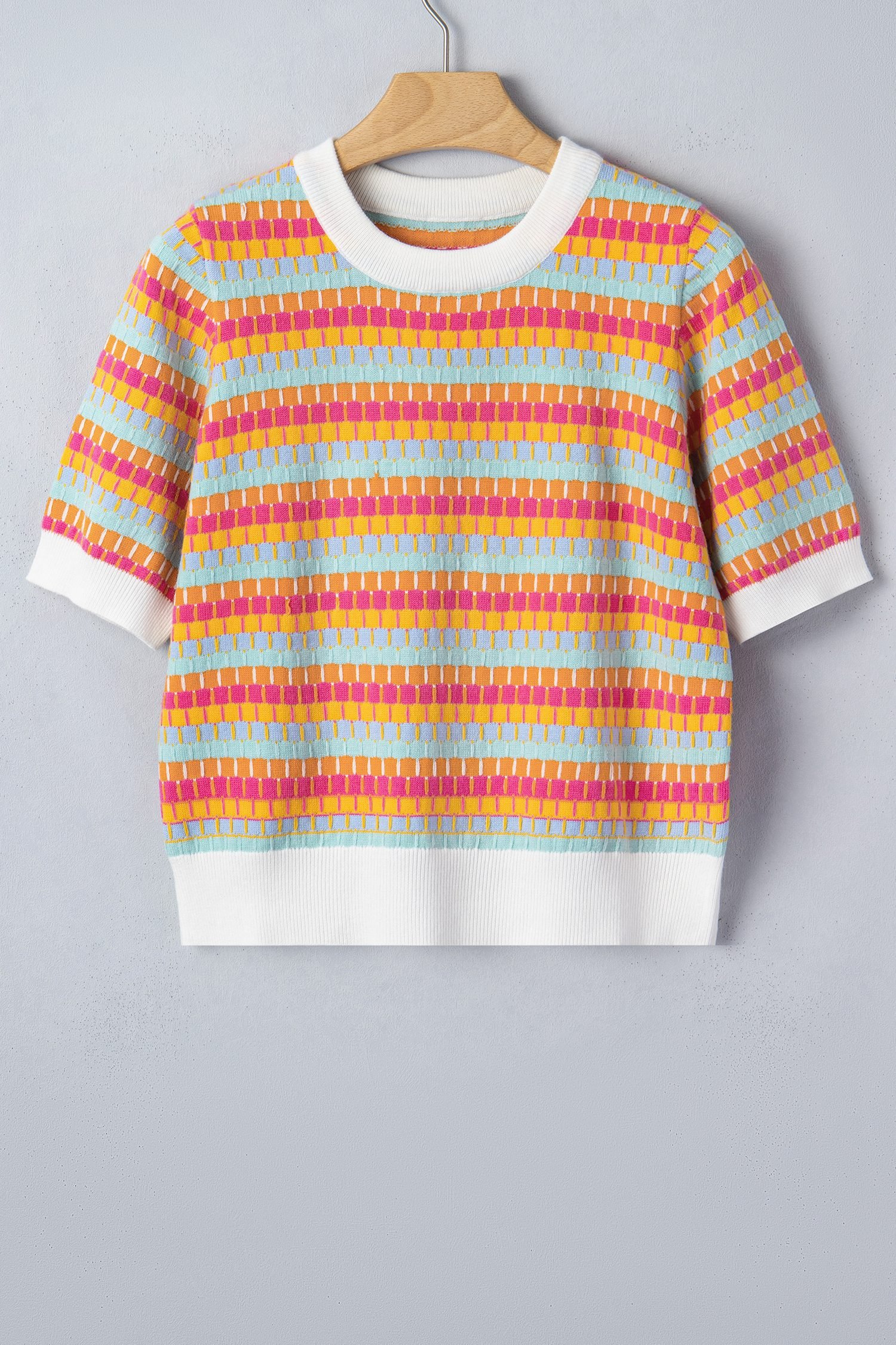 Orange Abstract Striped Knit Short Sleeve Sweater