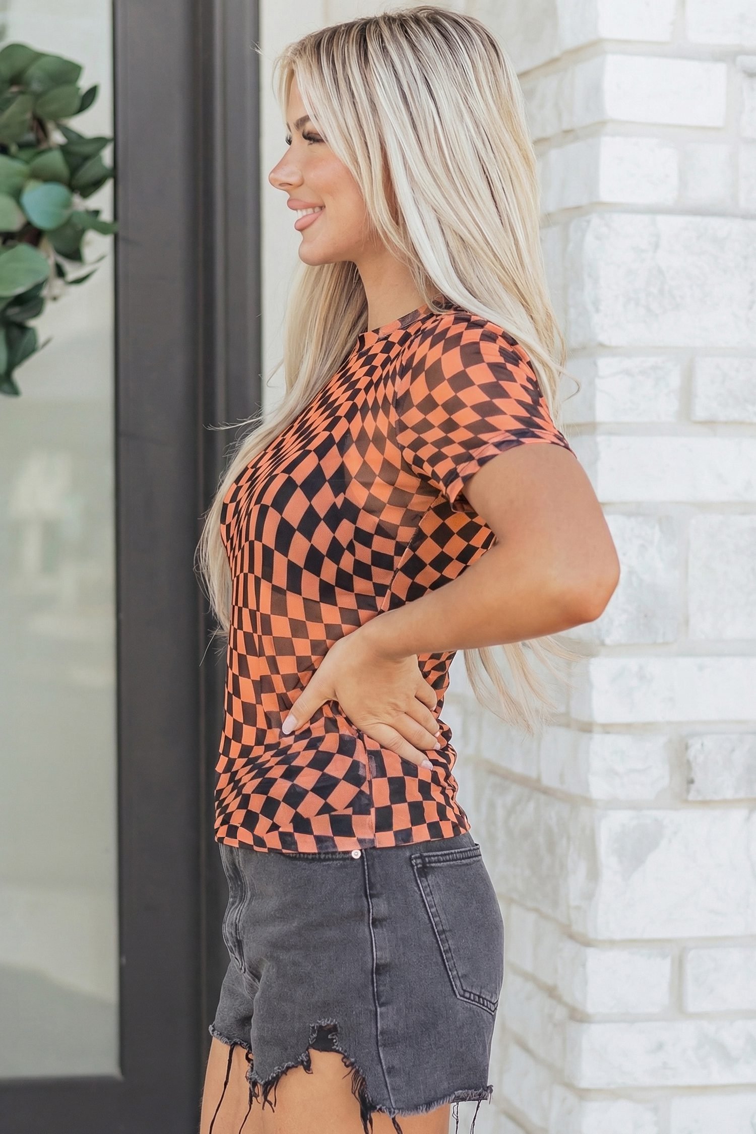 Orange Checkered Print Crew Neck Mesh T Shirt