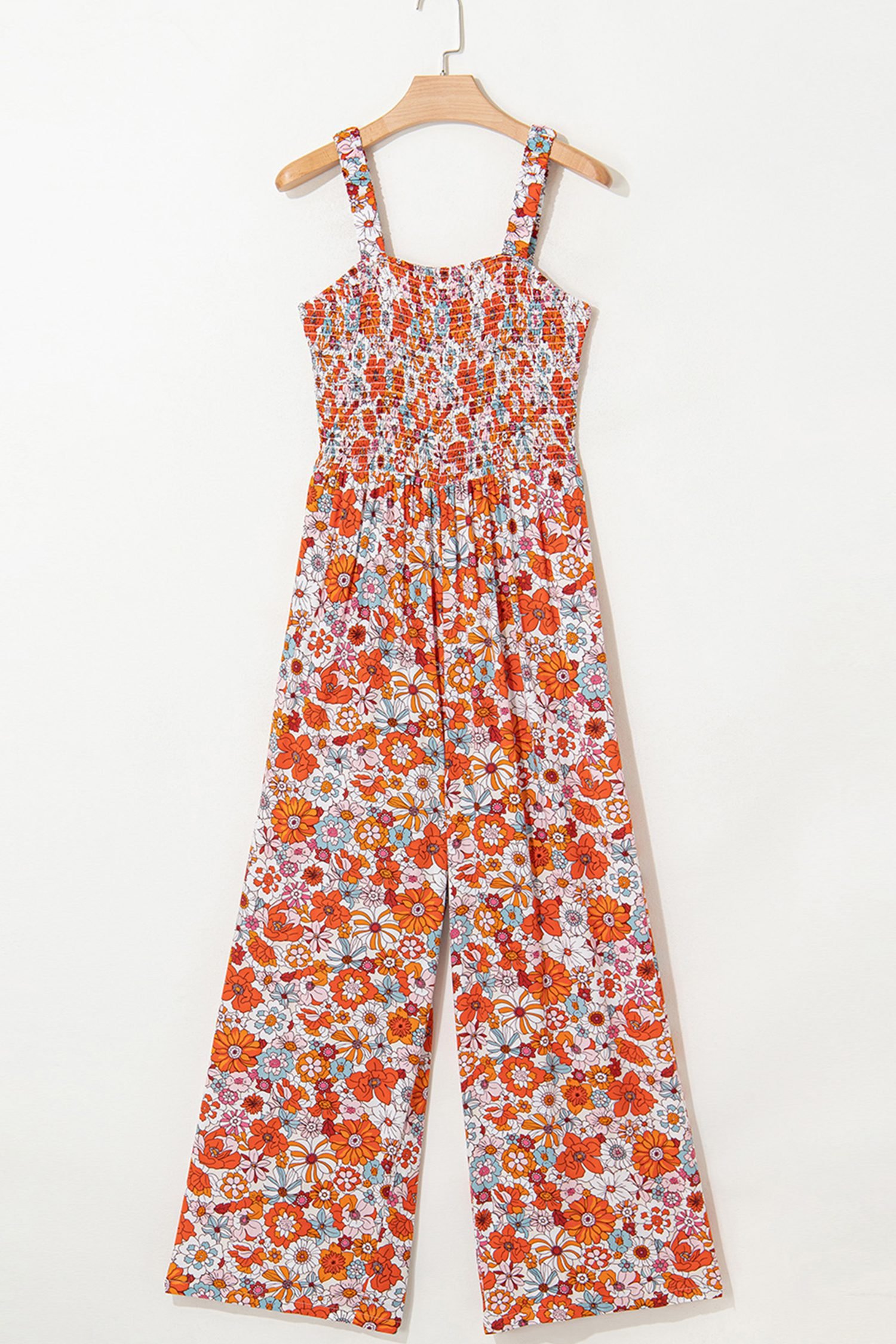 Orange Floral Print Sleeveless Smocked Shift Jumpsuit