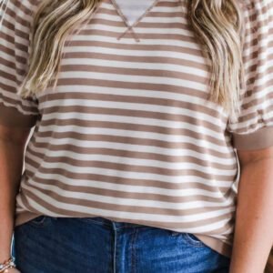 Orange Stripe Ribbed Trim Round Neck Short Puff Sleeve Plus T Shirt