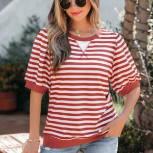Orange Stripe Short Bubble Sleeve T Shirt