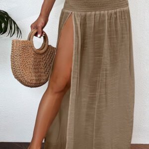 Pale Khaki Shirred High Waist Split Long Beach Skirt