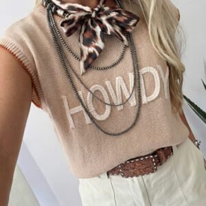 Parchment Contrast Trim Short Sleeve Knit HOWDY Western Sweater