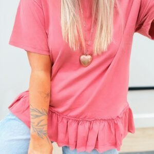 Peach Blossom Solid Color Raw Seam Detail Ruffle Hem Plus Size T Shirt