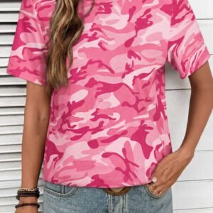 Pink Camouflage Print Crew Neck T Shirt