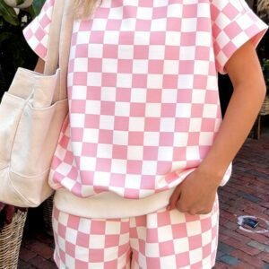 Pink Checkered Print Color Block Trim Mock Neck Short Set