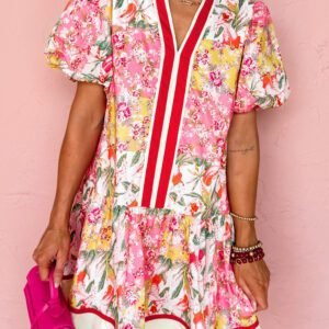 Pink Color Block Floral Print Contrast Trim V Neck Ruffle Hem Mini Dress
