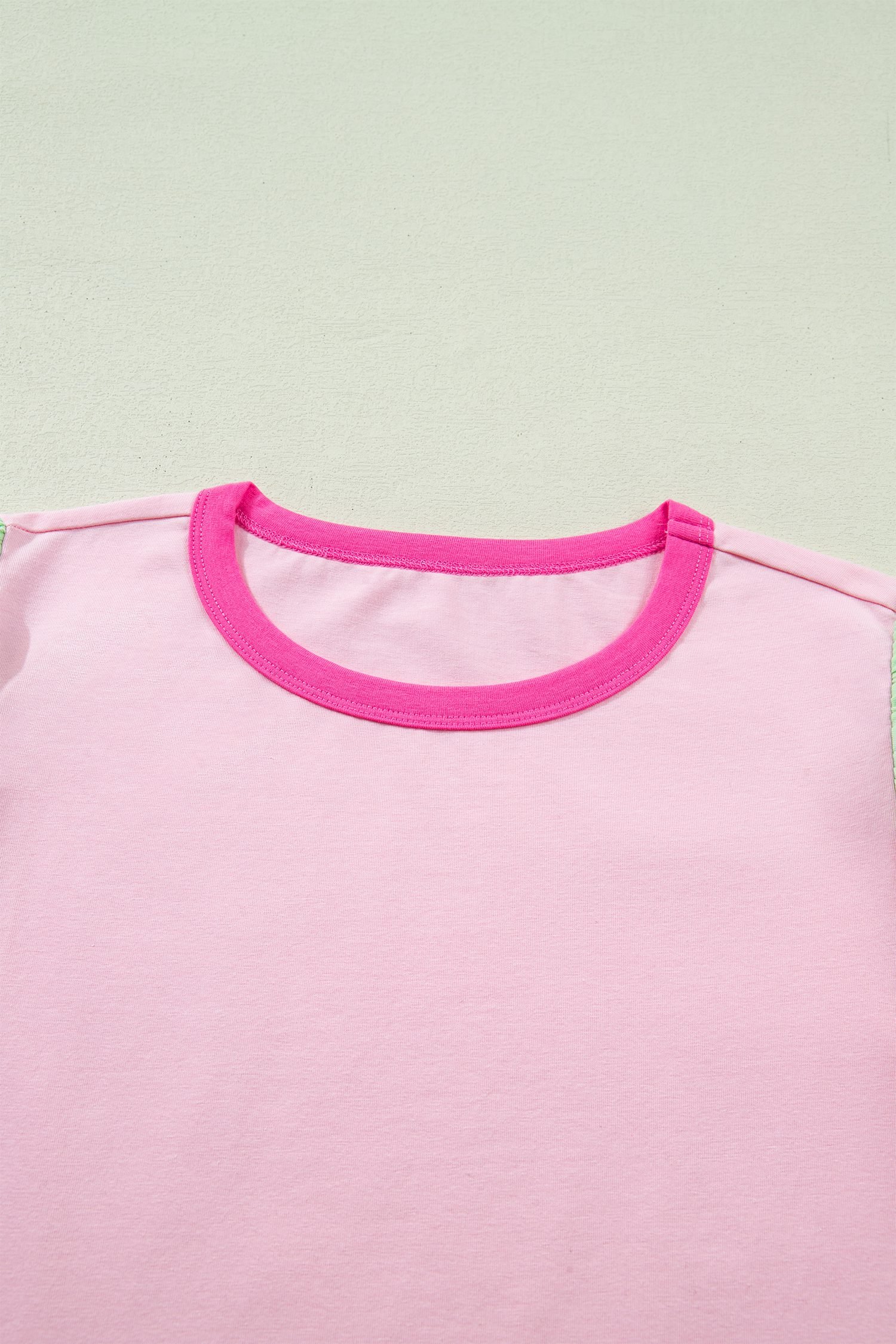 Pink Colorblock Flutter Sleeve Round Neck T Shirt
