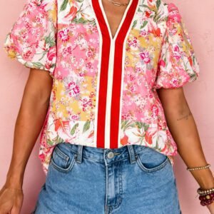 Pink Contrast Collared V Neck Short Sleeve Floral Blouse