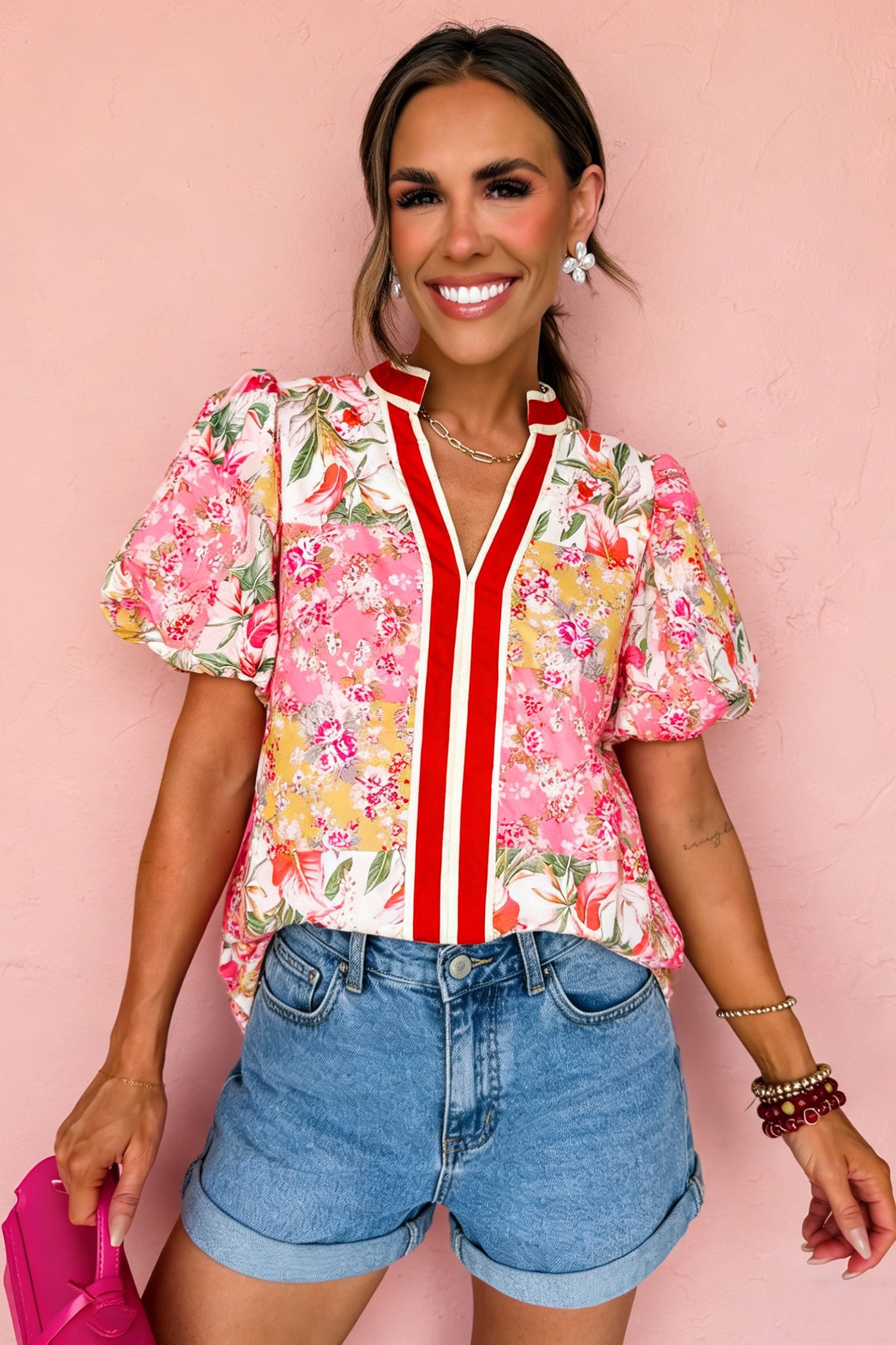 Pink Contrast Collared V Neck Short Sleeve Floral Blouse
